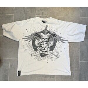 Four Fatherz Winged Skull And Dagger Y2K Hip Hop White T-Shirt - XXL